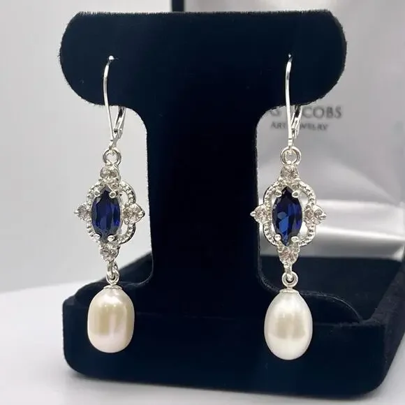 Genuine Pearls & Sapphire Earrings Sterling Silver Drop Dangle Pearl Earrings - Picture 3 of 3